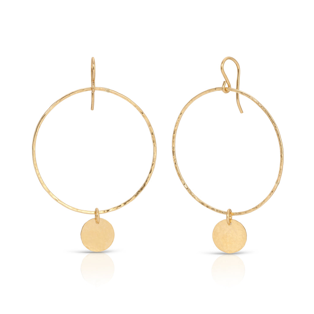 Hammered Hoop Coin Earrings- Large - 14K Gold-Filled