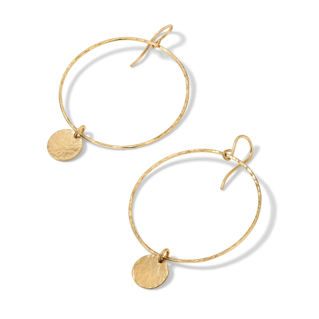 Hammered Hoop Coin Earrings- Large - 14K Gold-Filled