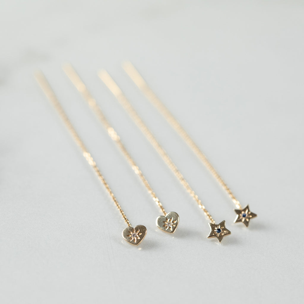 14K - Tiny Love Stud Thread Thru Earring Single – Star with Precious Stone